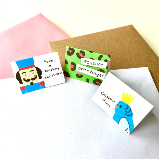 Tiny Christmas Card Set - Nutcracker/Leopard Print/Budgie
