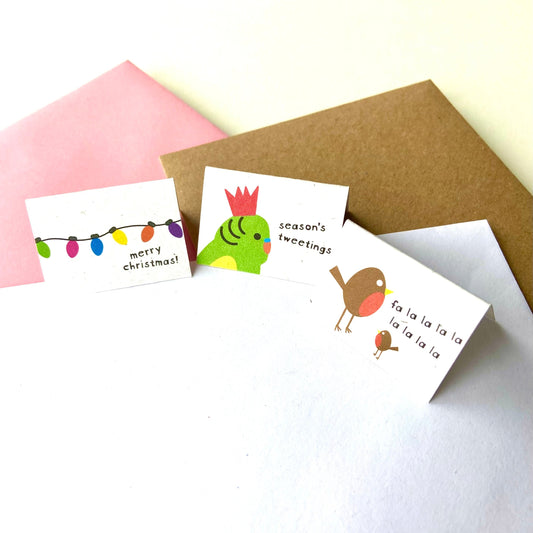 Tiny Christmas Card Set - Fairy Lights/Robins/Budgie