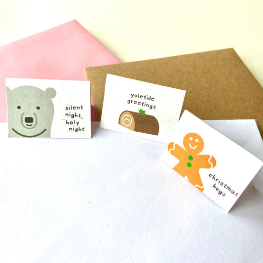 Tiny Christmas Card Set - Polar Bear/Yule Log/Gingerbread Person